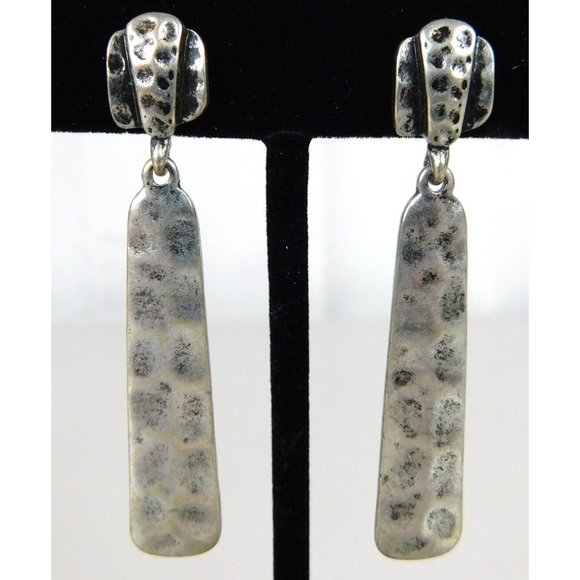 Drop Dangle Silver Tone Bar Style Hammered Pierced Earrings - Picture 2 of 8